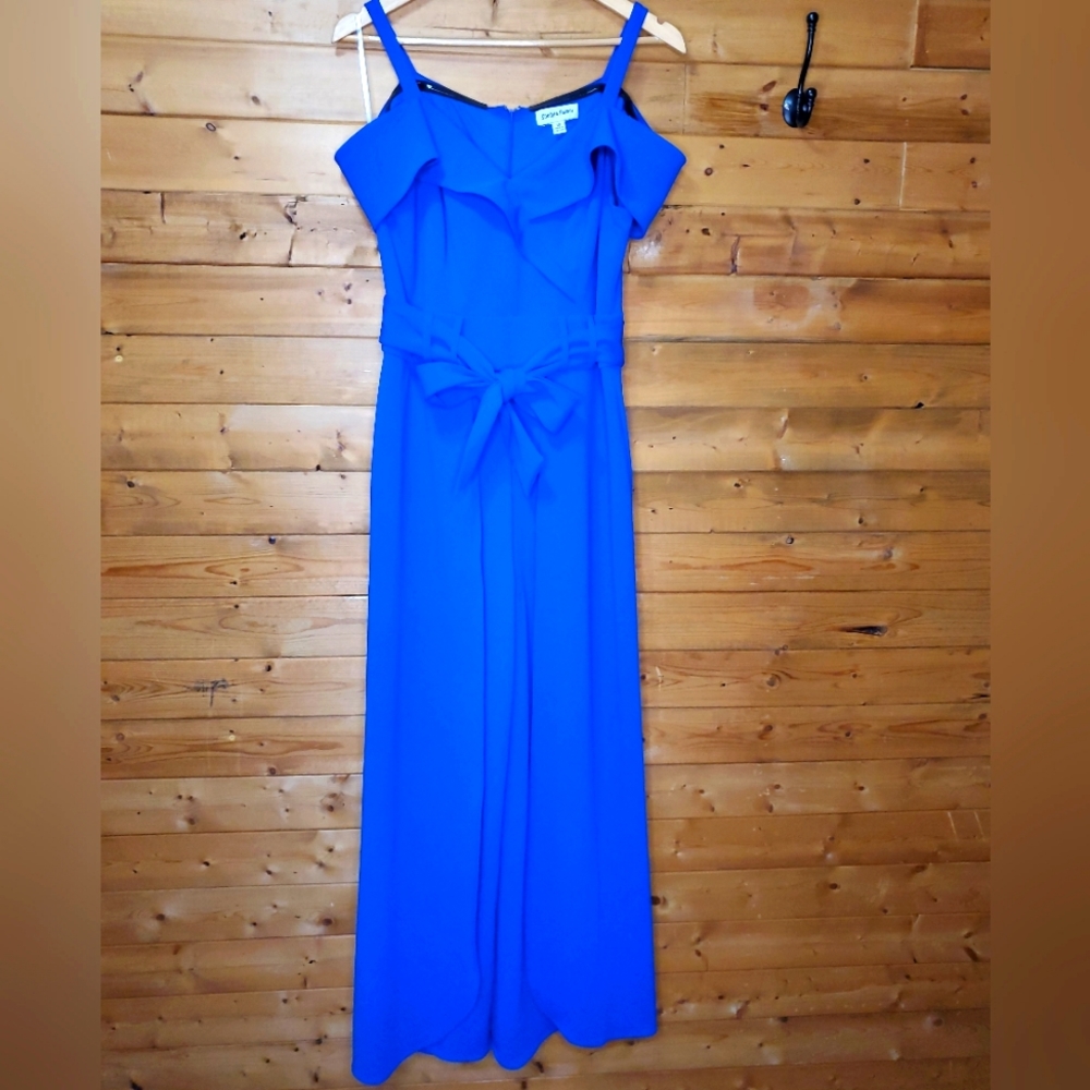 ❤️Shelvy & Palmer Jumpsuit navy blue cold shoulder spaghetti strap flowy Size 10